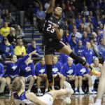 
              South Carolina guard Raven Johnson (23) shoots over South Dakota State's Myah Selland (44) during NCAA college basketball game in Sioux Fall, S.D., on Thursday, Dec 15, 2022. (AP Photo/Josh Jurgens)
            