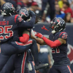 Houston Texans cornerback Desmond King II (25) celebrates with his teammates after receiving a fumble by the Cleveland Browns during the first half of an NFL football game between the Cleveland Browns and Houston Texans in Houston, Sunday, Dec. 4, 2022,. (AP Photo/Eric Gay)