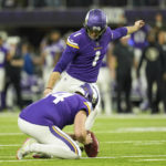 Minnesota Vikings place kicker Greg Joseph (1) kicks a 40-yard field goal during overtime in an NFL football game against the Indianapolis Colts, Saturday, Dec. 17, 2022, in Minneapolis. The Vikings won 39-36. (AP Photo/Abbie Parr)