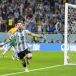 Argentina's Lionel Messi celebrates scoring the opening goal during the World Cup round of 16 soccer match between Argentina and Australia at the Ahmad Bin Ali Stadium in Doha, Qatar, Saturday, Dec. 3, 2022. (AP Photo/Thanassis Stavrakis)