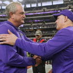 TCU head coach Sonny Dykes, left, and Kansas State head coach Chris Klieman, right, shake hands before the Big 12 Conference championship NCAA college football game, Saturday, Dec. 3, 2022, in Arlington, Texas. (AP Photo/Mat Otero)