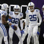 Indianapolis Colts safety Julian Blackmon (32) celebrates with teammates after returning an interception 17-yards for a touchdown during the first half of an NFL football game against the Minnesota Vikings, Saturday, Dec. 17, 2022, in Minneapolis. (AP Photo/Andy Clayton-King)