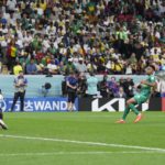 
              England's Harry Kane scores his side's second goal during the World Cup round of 16 soccer match between England and Senegal, at the Al Bayt Stadium in Al Khor, Qatar, Sunday, Dec. 4, 2022. (AP Photo/Hassan Ammar)
            