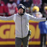 Seattle Seahawks head coach Pete Carroll reacts on the sidelines during the first half of an NFL football game Kansas City Chiefs Saturday, Dec. 24, 2022, in Kansas City, Mo. (AP Photo/Charlie Riedel)
