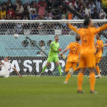 
              goalkeeper Matt Turner of the United States reacts after failed to save the goal from Daley Blind of the Netherlands during the World Cup round of 16 soccer match between the Netherlands and the United States, at the Khalifa International Stadium in Doha, Qatar, Saturday, Dec. 3, 2022. (AP Photo/Natacha Pisarenko)
            