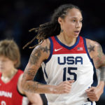 
              FILE - Brittney Griner (15) runs up court during women's basketball gold medal game against Japan at the 2020 Summer Olympics on Aug. 8, 2021, in Saitama, Japan.  Russia has freed WNBA star Brittney Griner in a dramatic high-level prisoner exchange, with the U.S. releasing notorious Russian arms dealer Viktor Bout. (AP Photo/Charlie Neibergall, File)
            