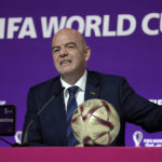
              FIFA President Gianni Infantino meets the media at the FIFA World Cup closing press conference in Doha, Qatar, Friday, Dec. 16, 2022. (AP Photo/Martin Meissner)
            