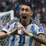 Argentina's Angel Di Maria celebrates scoring his side's second goal during the World Cup final soccer match between Argentina and France at the Lusail Stadium in Lusail, Qatar, Sunday, Dec. 18, 2022. (AP Photo/Natacha Pisarenko)