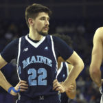 
              Maine Black Bears' Gedi Juozapaitis (22) during an NCAA basketball game between Maine Black Bears and Marist Red Foxes at the O2 Arena, in London, Sunday, Dec.4, 2022. (AP Photo/Ian Walton)
            