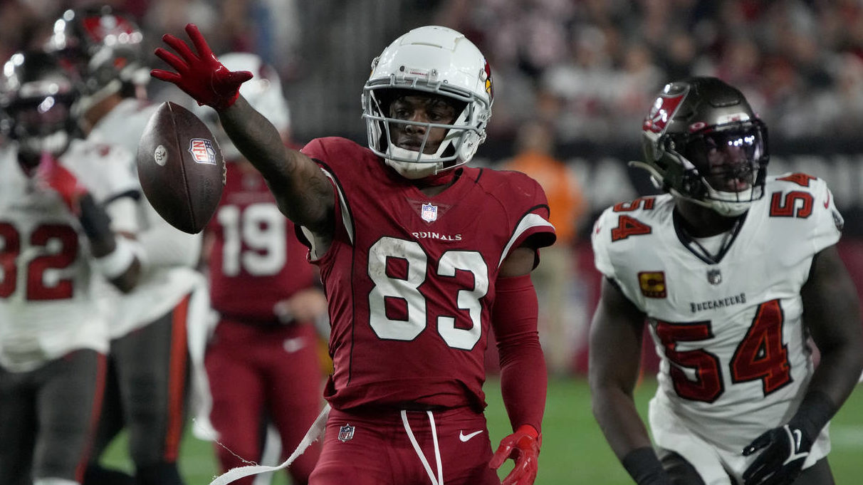 Arizona Cardinals wide receiver Greg Dortch (83) motions first down after a catch against the Tampa...