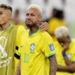 Brazil's Neymar cries at the end of the World Cup quarterfinal soccer match between Croatia and Brazil, at the Education City Stadium in Al Rayyan, Qatar, Friday, Dec. 9, 2022. (AP Photo/Darko Bandic)