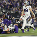 Kansas State quarterback Will Howard (18) runs into the end zone for a touchdown in the first half of the Big 12 Conference championship NCAA college football game against TCU, Saturday, Dec. 3, 2022, in Arlington, Texas. (AP Photo/LM Otero)