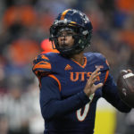 
              UTSA quarterback Frank Harris (0) looks to pass against North Texas during the first half of an NCAA college football game for the Conference USA championship in San Antonio, Friday, Dec. 2, 2022. (AP Photo/Eric Gay)
            