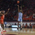 
              North Carolina's Dontrez Styles (3) attempts a 3-point basket in the first half of an NCAA college basketball game against Virginia Tech in Blacksburg Va., Sunday Dec. 4, 2022. (Matt Gentry/The Roanoke Times via AP)
            