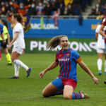 FILE - Barcelona's Alexia Putellas celebrates after scoring her side's second goal during the Women's Spanish La Liga soccer match between Barcelona and Real Madrid at Johan Cruyff stadium in Barcelona, Spain, Sunday, March 13, 2022. (AP Photo/Joan Monfort, File)