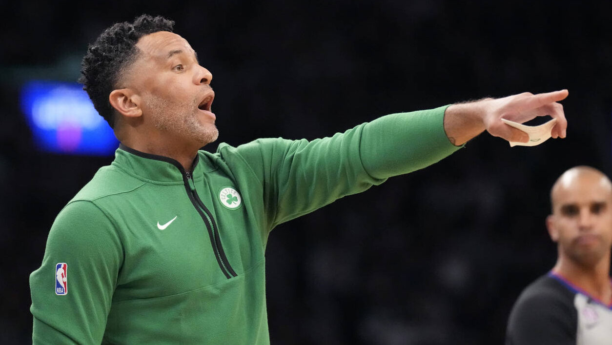 Boston Celtics assistant coach Damon Stoudamire, filling in for interim head coach Joe Mazzulla, ca...
