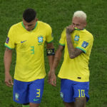 
              Brazil's Neymar, right, cries as he walks off the field with teammate Thiago Silva after their loss in the World Cup quarterfinal soccer match against Croatia, at the Education City Stadium in Al Rayyan, Qatar, Friday, Dec. 9, 2022. (AP Photo/Alessandra Tarantino)
            