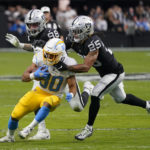 
              Las Vegas Raiders safety Tre'von Moehrig (25) moves in to tackle Los Angeles Chargers running back Austin Ekeler (30) during the first half of an NFL football game, Sunday, Dec. 4, 2022, in Las Vegas. (AP Photo/Matt York)
            