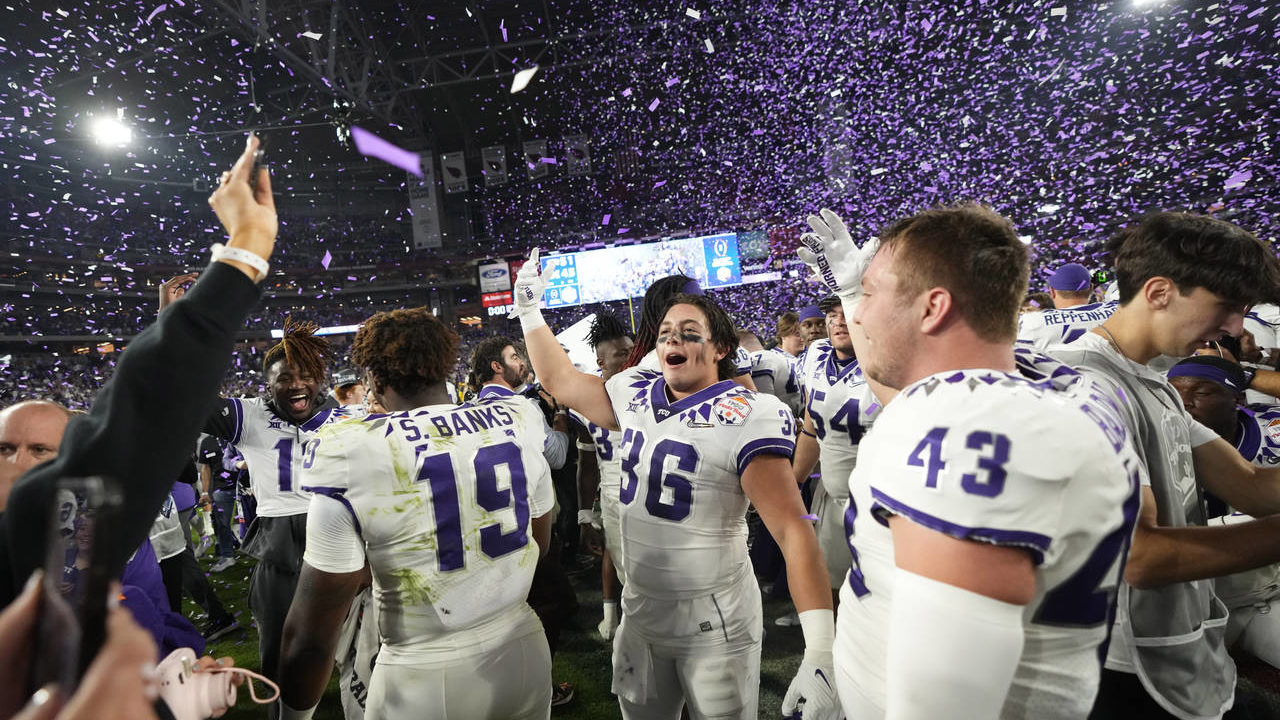 TCU players celebrate after the Fiesta Bowl NCAA college football semifinal playoff game against Mi...