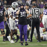 TCU place kicker Griffin Kell (39) reacts after missing a field goal in the first half of the Big 12 Conference championship NCAA college football game, Saturday, Dec. 3, 2022, in Arlington, Texas. (AP Photo/Mat Otero)