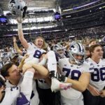 Kansas State's Ty Zentner (8) is lifted up by his teammates after hitting the game winning field goal in overtime of the Big 12 Conference championship NCAA college football game against TCU, Saturday, Dec. 3, 2022, in Arlington, Texas. (AP Photo/LM Otero)