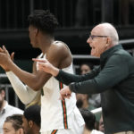
              Miami head coach Jim Larrañaga, right, watches during the second half of an NCAA college basketball game against St. Francis, Saturday, Dec. 17, 2022, in Coral Gables, Fla. Miami won 91-76. (AP Photo/Lynne Sladky)
            