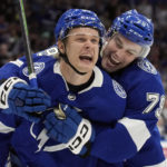 
              Tampa Bay Lightning center Vladislav Namestnikov (90) celebrates his goal against the Toronto Maple Leafs with center Ross Colton (79) during the second period of an NHL hockey game Saturday, Dec. 3, 2022, in Tampa, Fla. (AP Photo/Chris O'Meara)
            