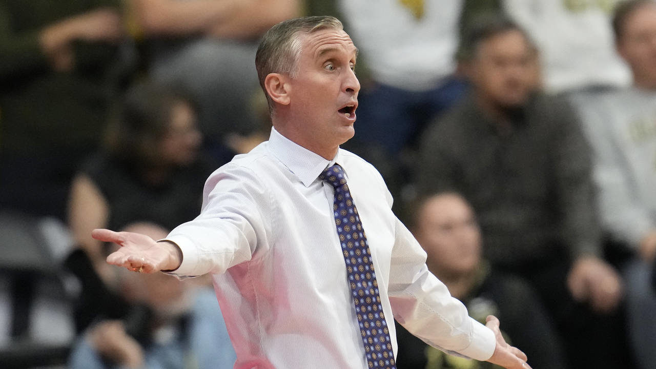 Arizona State head coach Bobby Hurley argues for a call in the first half of an NCAA college basket...