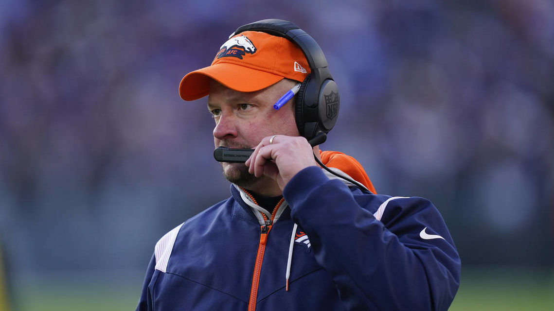 Denver Broncos head coach Nathaniel Hackett directs his team from the sideline, in the second half ...