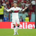 Portugal's Cristiano Ronaldo reacts during the World Cup quarterfinal soccer match between Morocco and Portugal, at Al Thumama Stadium in Doha, Qatar, Saturday, Dec. 10, 2022. (AP Photo/Ebrahim Noroozi)