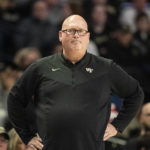 
              Wake Forest head coach Steve Forbes reacts to a play in the first half of an NCAA college basketball game against Appalachian State on Wednesday, Dec. 14, 2022, at Joel Coliseum in Winston-Salem, N.C. (Allison Lee Isley/The Winston-Salem Journal via AP)
            