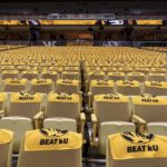 
              Towels for fans sit on the seats at Mizzou Arena before the start of an NCAA college basketball game against Kansas Saturday, Dec. 10, 2022, in Columbia, Mo. (AP Photo/L.G. Patterson)
            