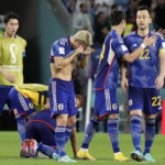 
              Japan players are dejected after Croatia's win in the World Cup round of 16 soccer match between Japan and Croatia at the Al Janoub Stadium in Al Wakrah, Qatar, Monday, Dec. 5, 2022. (AP Photo/Eugene Hoshiko)
            
