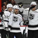 
              Los Angeles Kings right wing Viktor Arvidsson celebrates scoring his second goal of the game against the Ottawa Senators with teammates Kevin Fiala (22) and Matt Roy during the first period of an NHL hockey game, Tuesday, Dec. 6, 2022, in Ottawa, Ontario. (Justin Tang/The Canadian Press via AP)
            