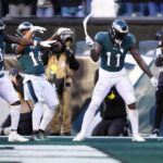 
              Philadelphia Eagles' A.J. Brown, second from right, celebrates his touchdown with teammates during the second half of an NFL football game against the Tennessee Titans, Sunday, Dec. 4, 2022, in Philadelphia. (AP Photo/Matt Rourke)
            