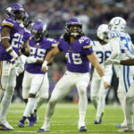 Minnesota Vikings linebacker Troy Dye (45) celebrates after making a tackle during the second half of an NFL football game against the Indianapolis Colts, Saturday, Dec. 17, 2022, in Minneapolis. (AP Photo/Abbie Parr)