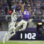 Indianapolis Colts cornerback Isaiah Rodgers (34) breaks up a pass intended for Minnesota Vikings wide receiver Jalen Nailor (83) on a fake punt during the first half of an NFL football game, Saturday, Dec. 17, 2022, in Minneapolis. (AP Photo/Abbie Parr)