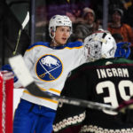Buffalo Sabres Jeff Skinner (53) celebrates after scoring his second goal against the Arizona Coyotes in the second period during an NHL hockey game, Saturday, Dec. 17, 2022, in Tempe, Ariz. (AP Photo/Darryl Webb)