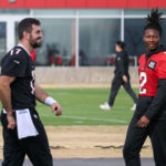 Arizona Cardinals QB David Blough (left) and WR Hollywood Brown (right) smile during practice on Friday, Jan. 6, 2023, in Tempe. (Tyler Drake/Arizona Sports)