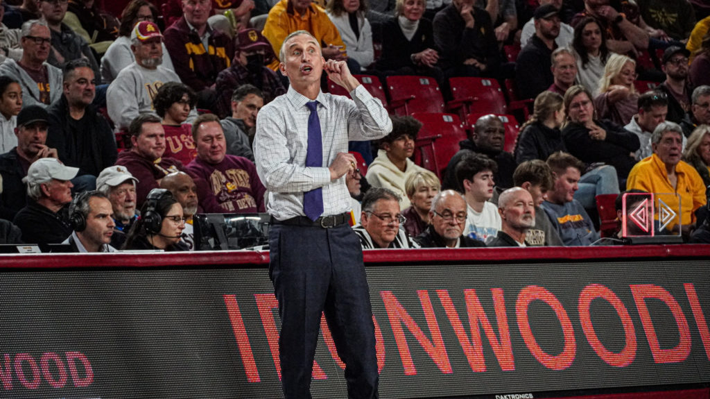 Arizona State head coach Bobby Hurley calls a play in a 77-69 loss to USC at Desert Financial Arena...