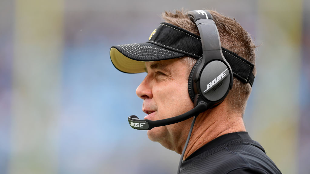 Head coach Sean Payton of the New Orleans Saints looks on during the first quarter during their gam...