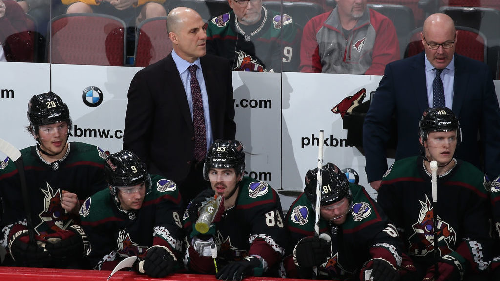 Head coach Rick Tocchet of the Arizona Coyotes watches from the bench during the third period of th...