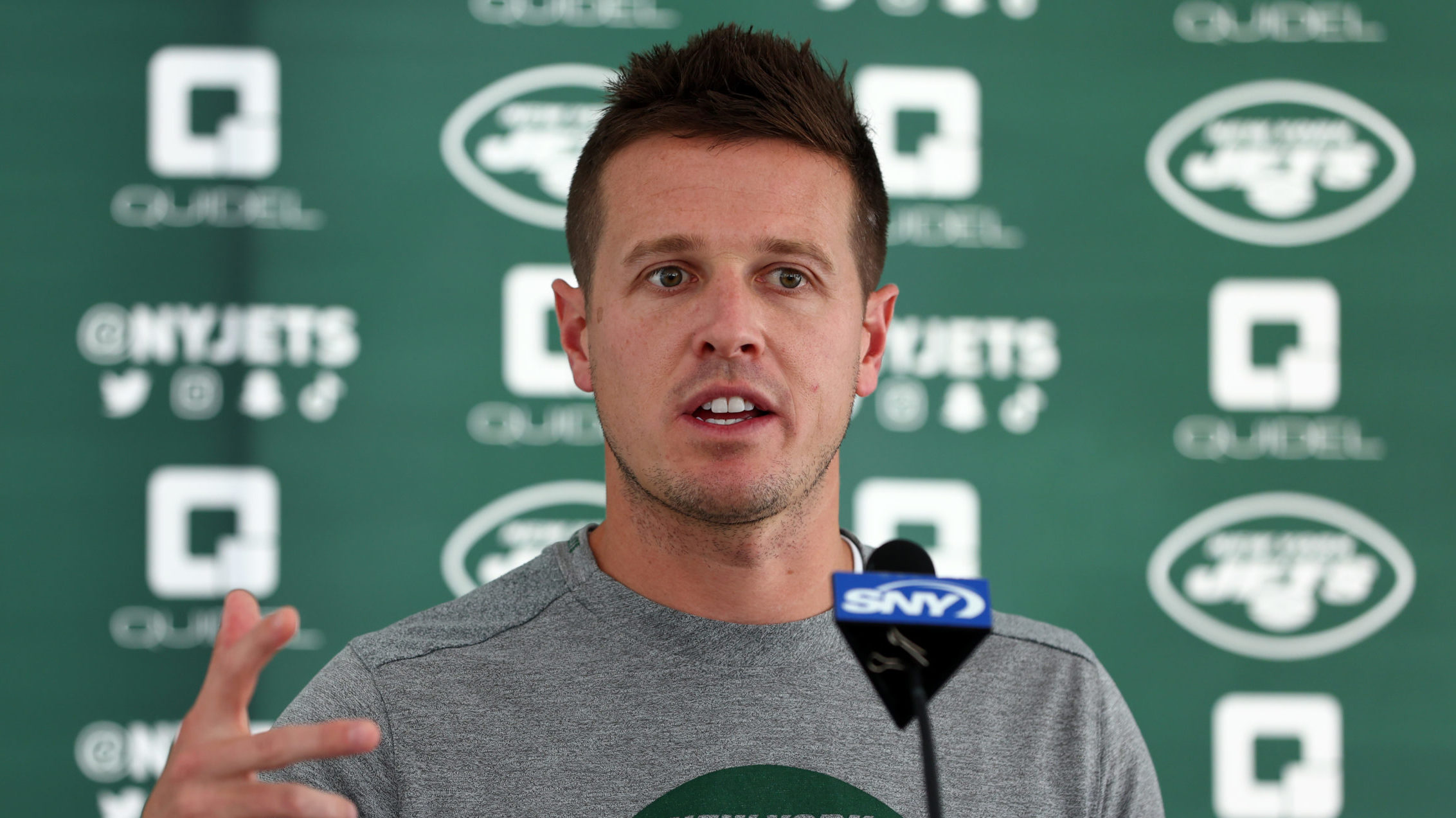 Offensive Coordinator Mike LaFleur speaks after training camp at Atlantic Health Jets Training Cent...