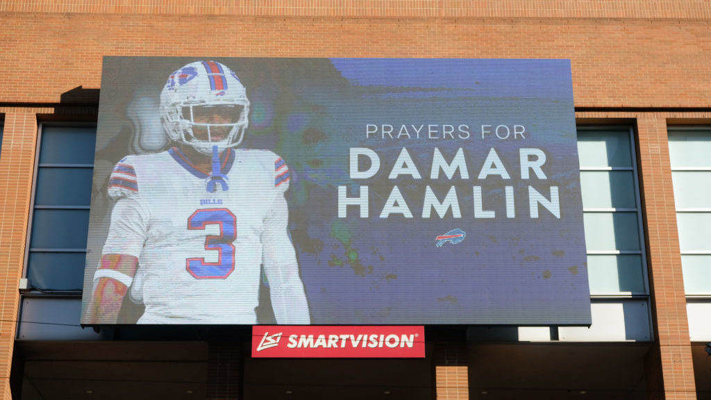 The Cincinnati Reds show their support for Damar Hamlin outside of the Cincinnati Reds Hall of Fame...