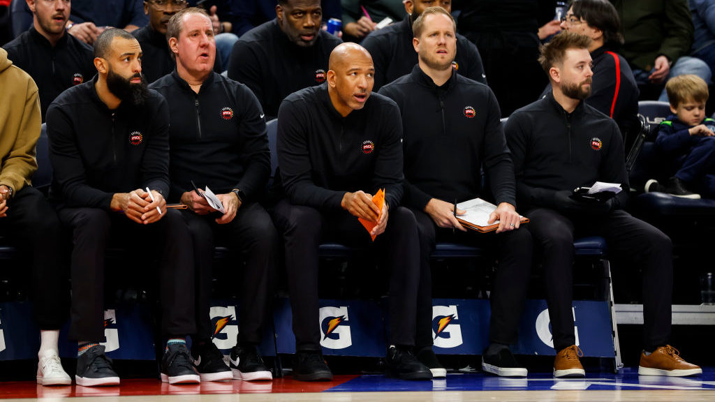 Head coach Monty Williams of the Phoenix Suns (C) looks on against the Minnesota Timberwolves in th...
