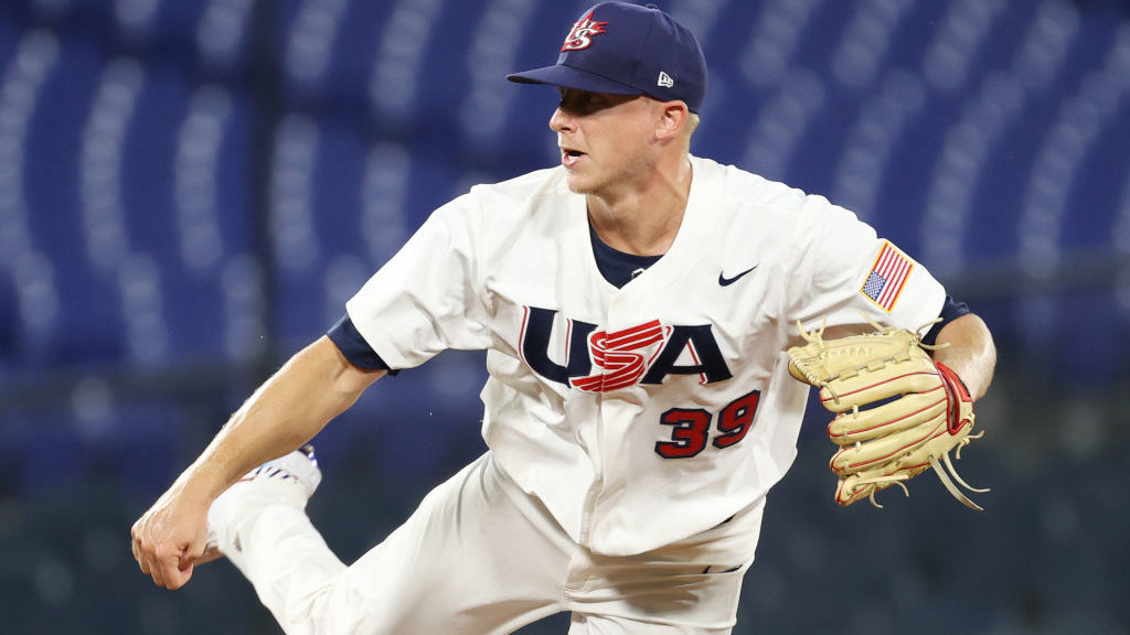Scott McGough #39 of Team United States pitches during the baseball opening round Group B game betw...