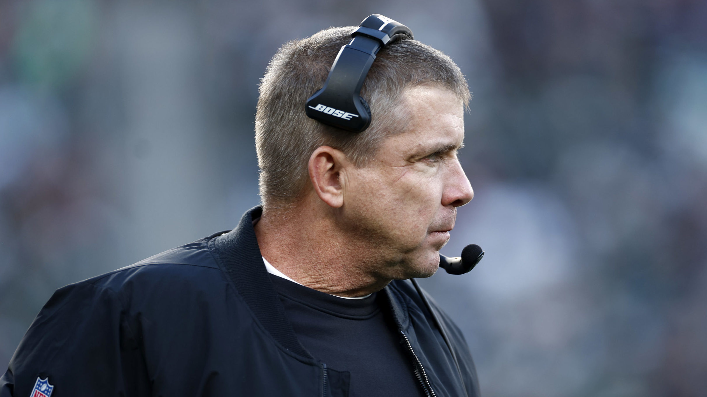 Head coach Sean Payton of the New Orleans Saints looks on during the third quarter of the game betw...