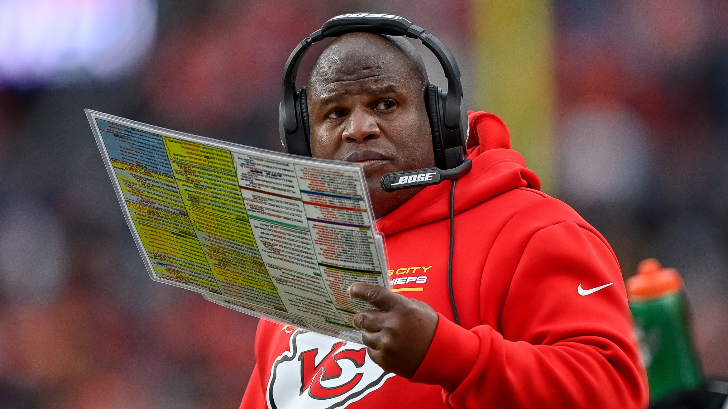 Offensive coordinator Eric Bieniemy of the Kansas City Chiefs looks on during a game against the De...