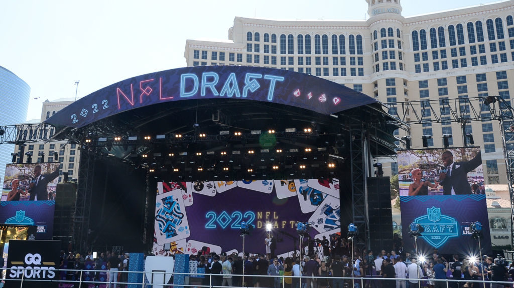 View of the 2022 NFL Draft Stage at the Bellagio Hotel & Casino on April 28, 2022 in Las Vegas,...