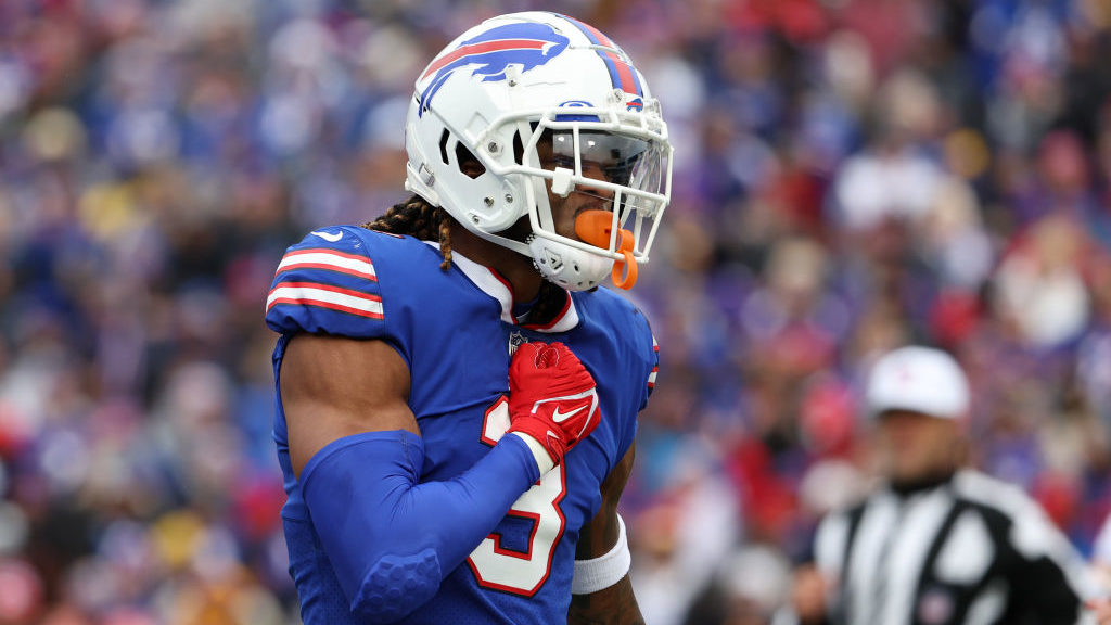 Damar Hamlin #3 of the Buffalo Bills reacts after making a play during the first quarter against th...